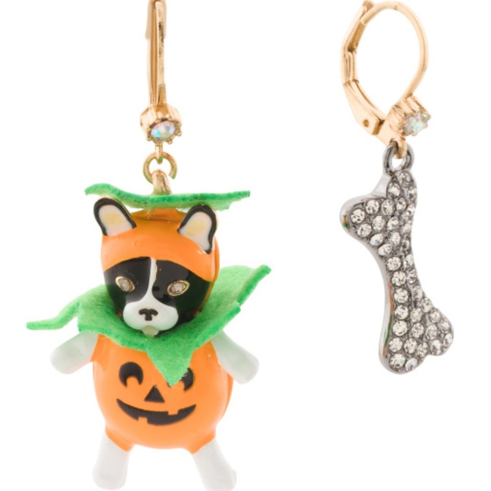 BETSEY JOHNSON Pumpkin Dog Bone Earrings Crystal Gold Tone Halloween Party